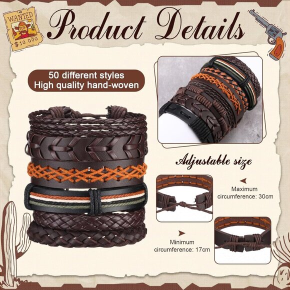 Tondiamo Unisex 50 Pcs Braided Leather & Wooden Bead Wrap Bracelets Adjustable E - Picture 2 of 6
